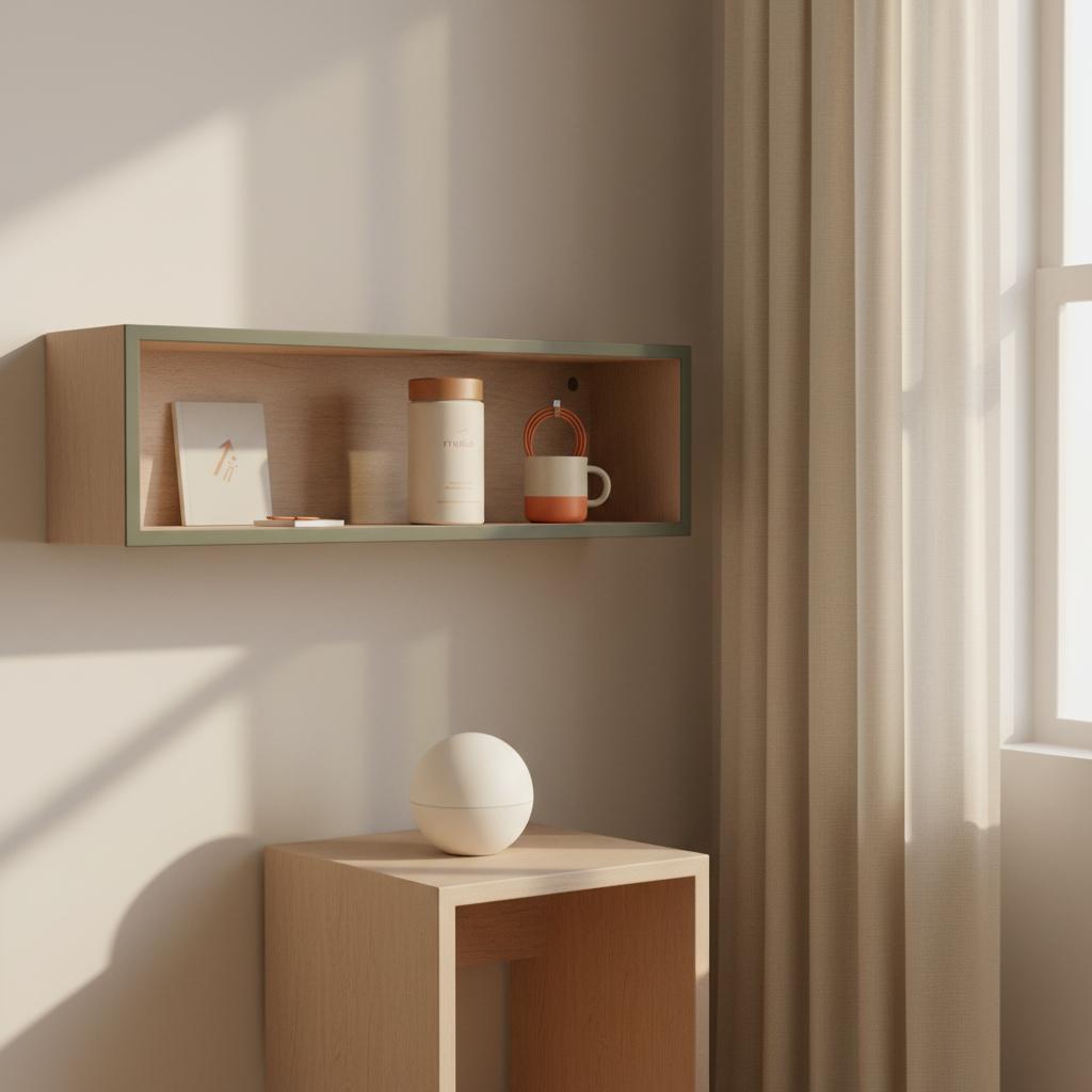 Minimal home office corner with Tonum supplement container on shelf beside white-noise machine and noise-reducing curtains in warm light, referencing lack of serotonin