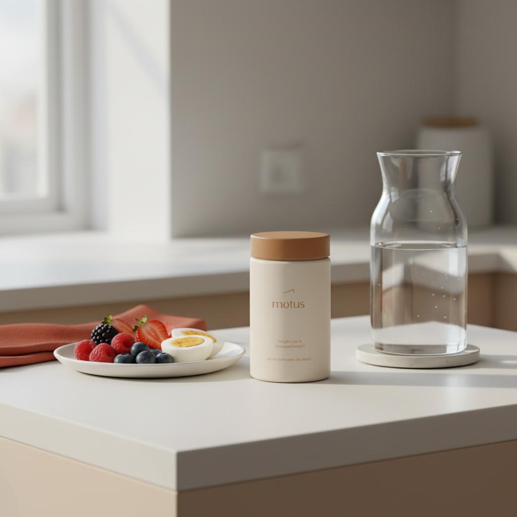 Motus supplement container on a minimalist kitchen counter beside berries, a boiled egg and a water carafe, Tonum lifestyle scene highlighting NAD+ for weight loss.