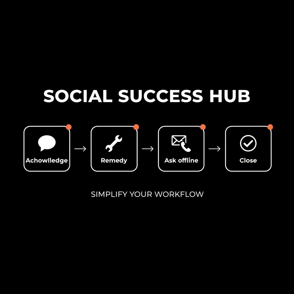 Full-frame vector infographic of A-R-A-C flowchart (Acknowledge, Remedy, Ask offline, Close) on black background with Social Success Hub palette — How do you respond to negative Glassdoor reviews?