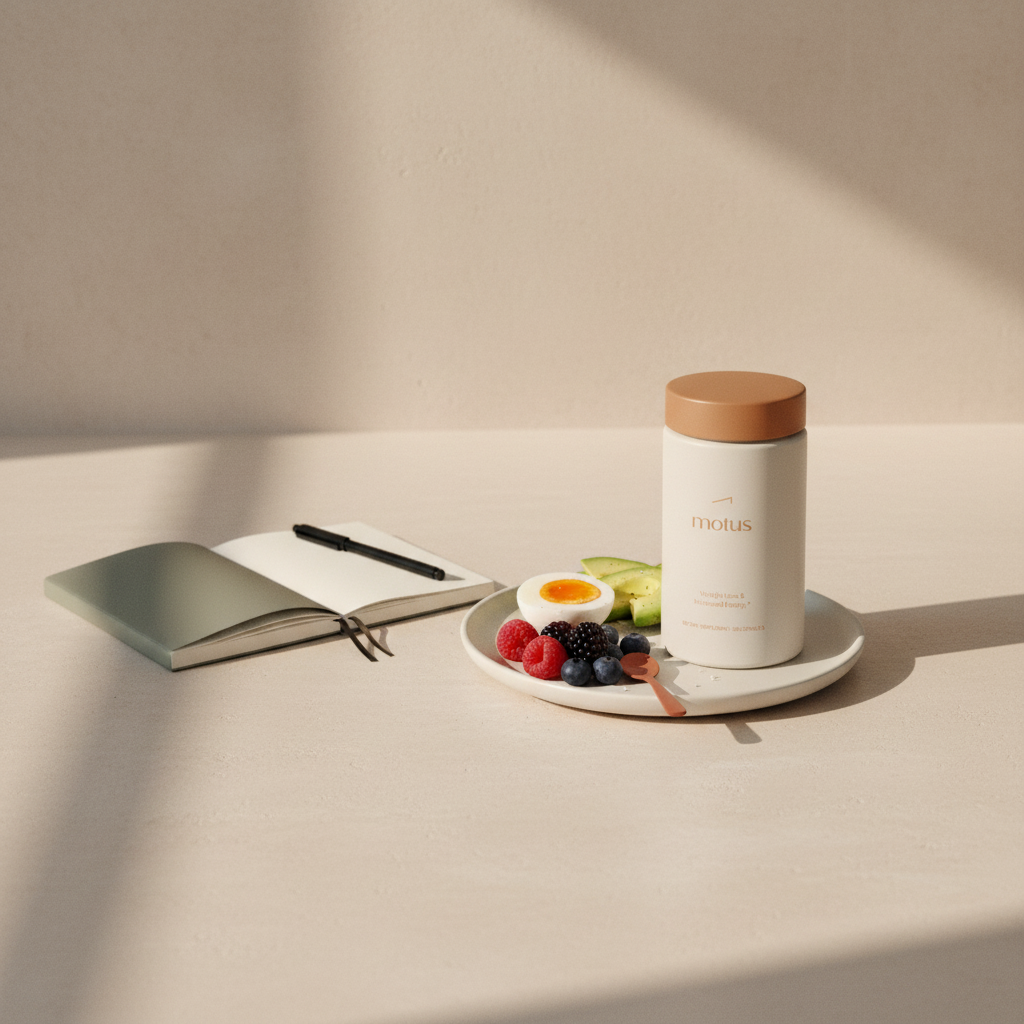 Tonum Motus supplement bottle on kitchen counter next to a notebook and plate with egg, avocado slices and berries in natural light, minimalist wellness scene to lose belly fat fast