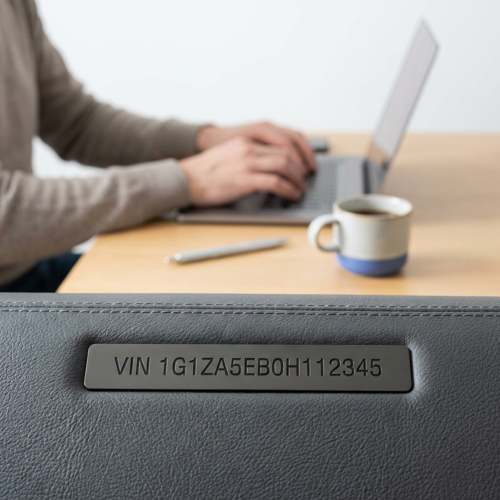 Close up of vehicle vin on dashboard with person typing on laptop in background minimalist white and blue CarFax Deals aesthetic emphasizing blue book value