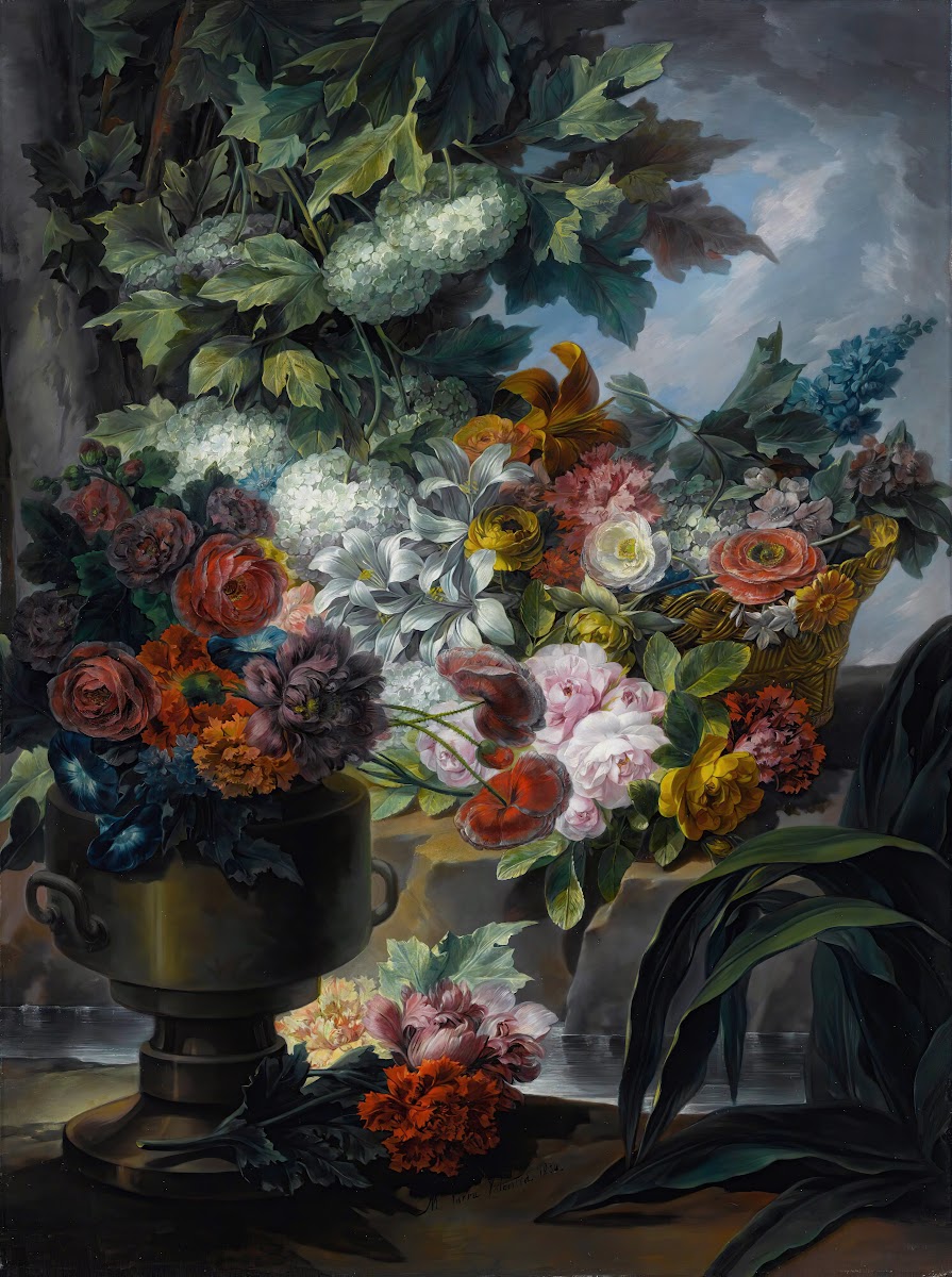 An Outdoor Scene With A Fountain An Urn And A Basket Of Roses Peonies Poppies Hy