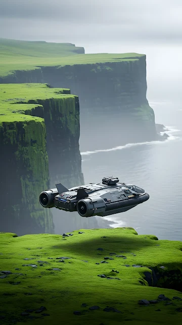 Futuristic Hovercraft Flying Over Mossy Sea Cliffs