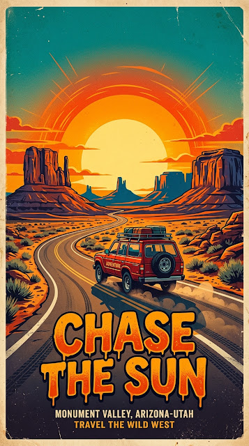 Retro Road Trip Illustration with Red SUV and 'CHASE THE SUN' Typography - Free mobile Wallpaper