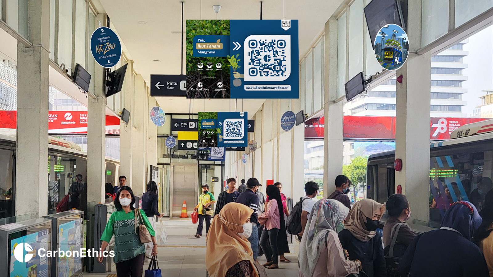 climate education and mangrove planting posters at the Transjakarta bus stops