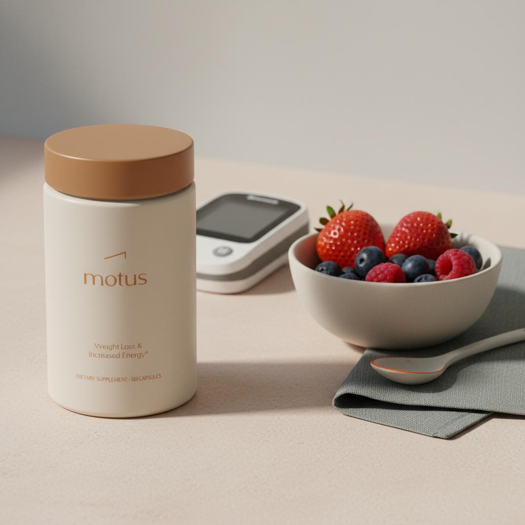 Close-up still life of a glucose meter, the Tonum supplement bottle from reference, and a bowl of mixed berries on a pale beige surface — what vitamins should diabetics avoid