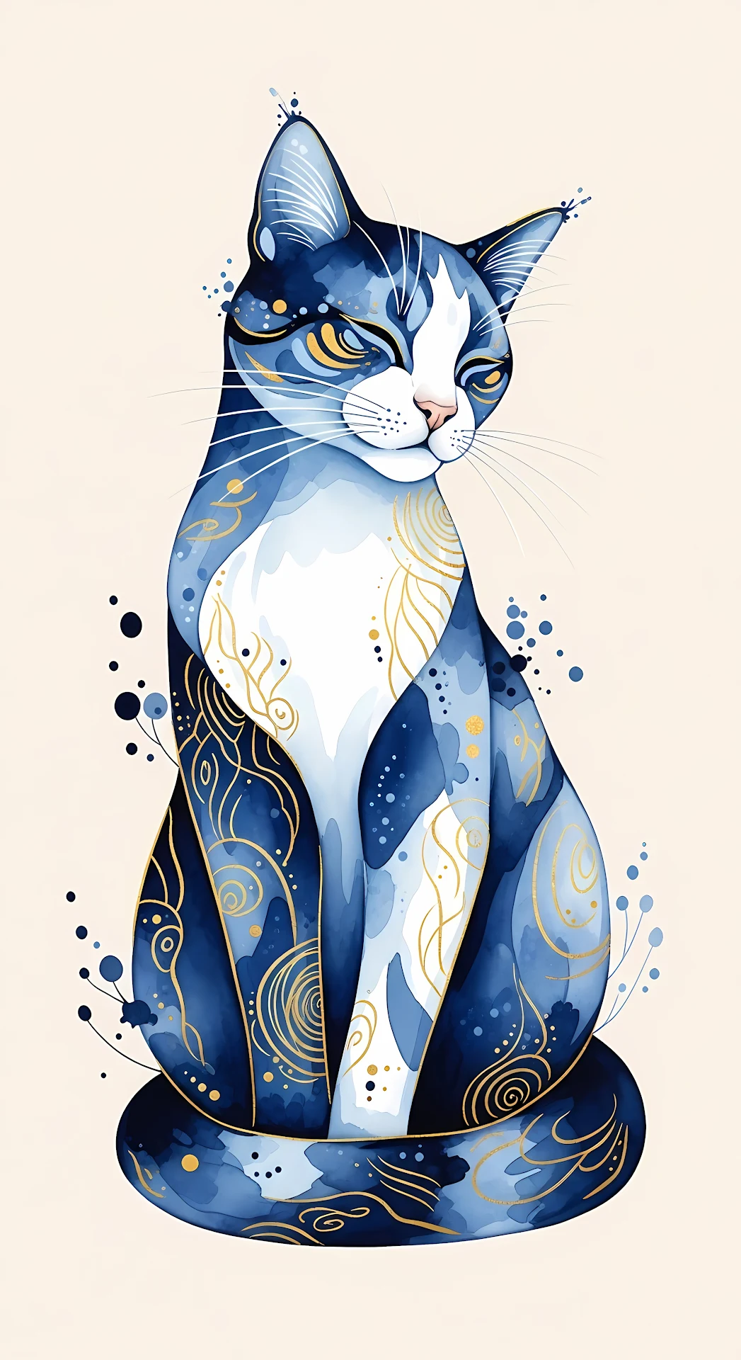 Elegant Blue and Gold Watercolor Cat Illustration - Free 4K mobile Wallpaper