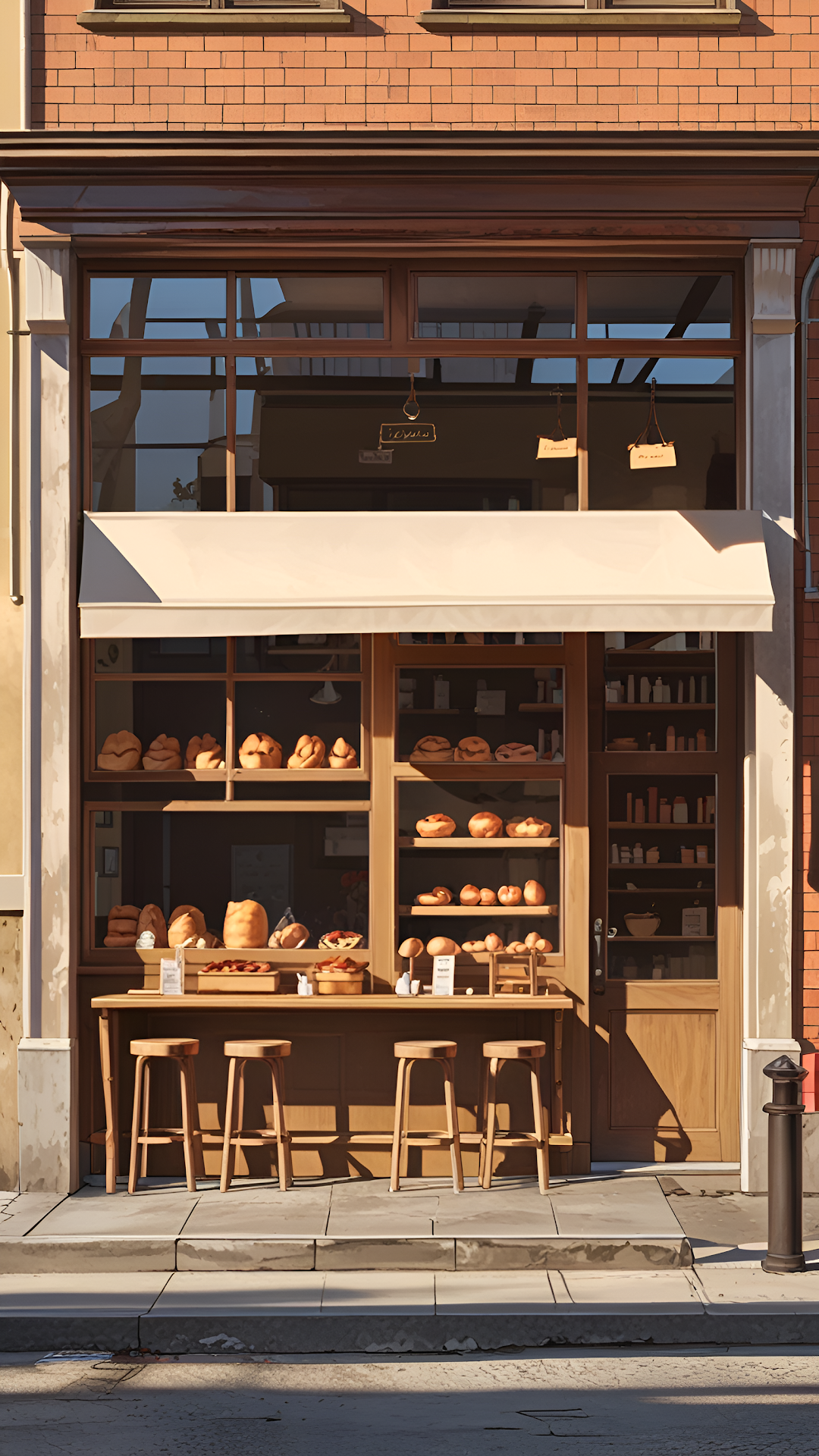 Cozy Bakery Storefront Illustration with Outdoor Seating - Free 4K mobile Wallpaper