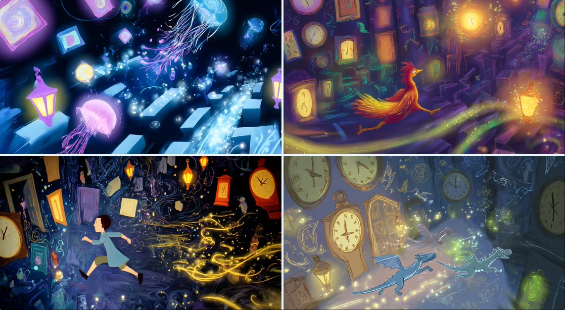 Persiguiendo elementos oníricos, ilustración de cuento, laberinto de puertas flotantes, relojes y susurros, resplandor de linterna y estelas de brillo ambiental, [Color1] y [Color2], caprichoso y de ritmo rápido, estilo de cámara de seguimiento con POV de seguimiento