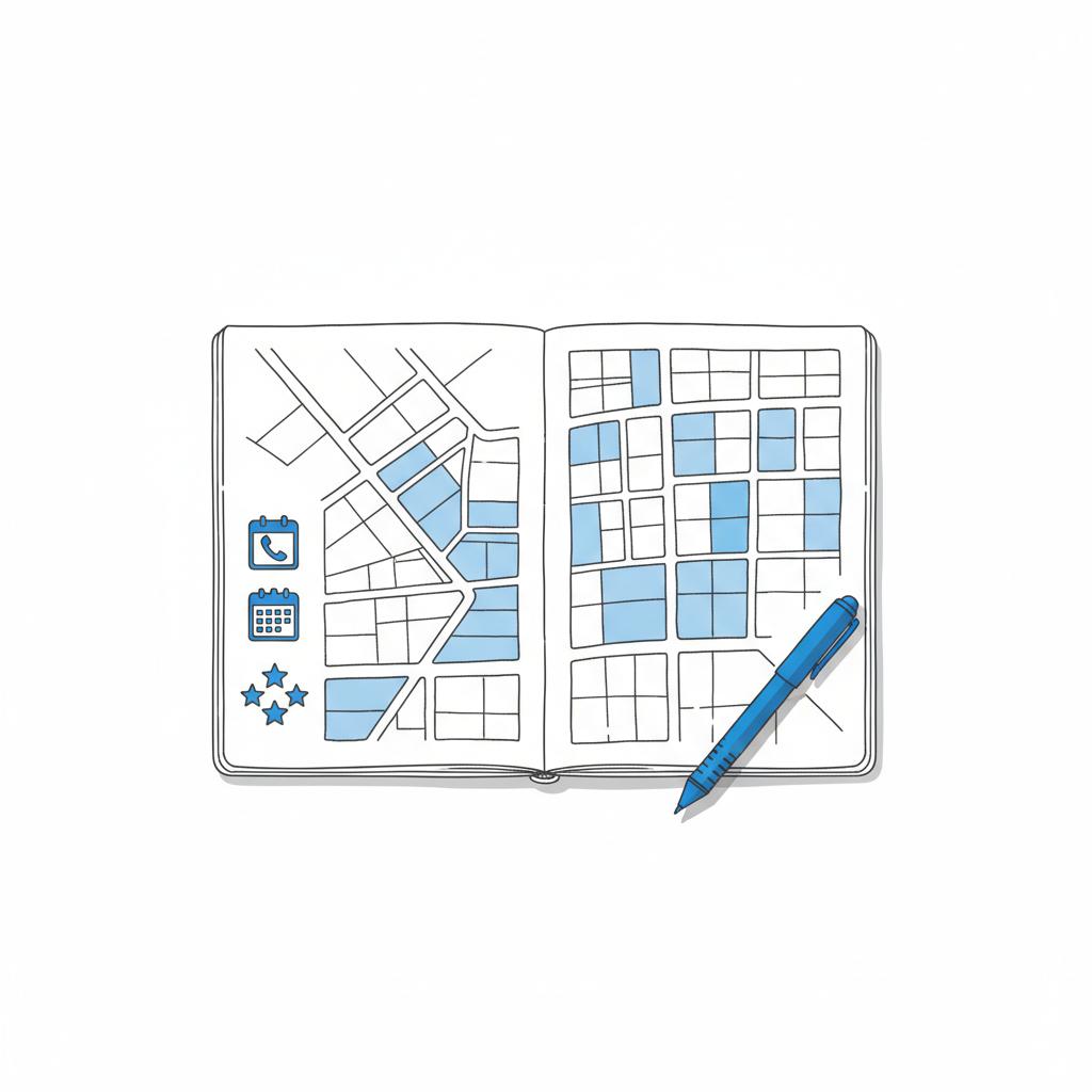 Open notebook with vector service-area map of shaded ZIP code blocks, blue pen and small phone, calendar and review icons &mdash; visual for Angi leads