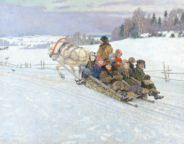 Lustige Schlittenfahrt im winterlichen Russland