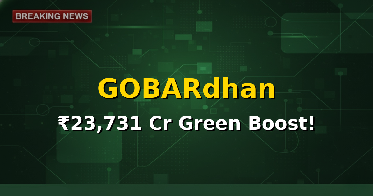 A graphic illustrating a biogas plant converting organic waste into energy and fertilizer, representing the GOBARdhan scheme's objectives.