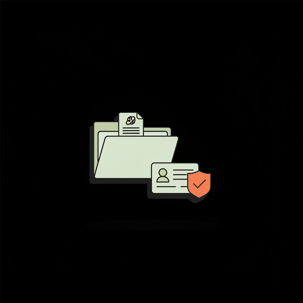 Minimal 2D vector dossier flat-lay with open folder, article link icon, ID card and orange verification check badge on black background for Instagram verification.