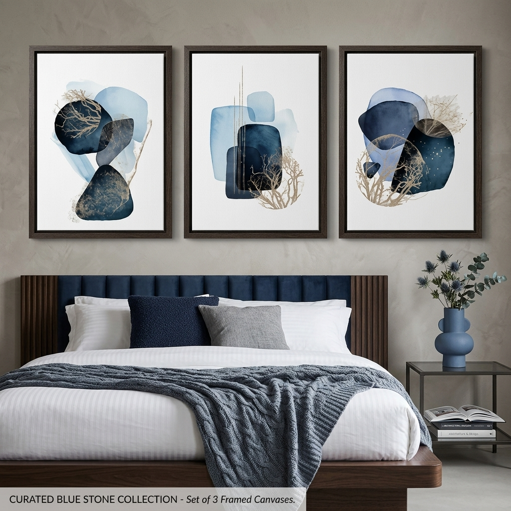 Set of 3 Modern Abstract Canvas Wall Art (40x60cm each) – Indigo Blue & Gold Leaf Botanical Watercolor Triptych - Image 2