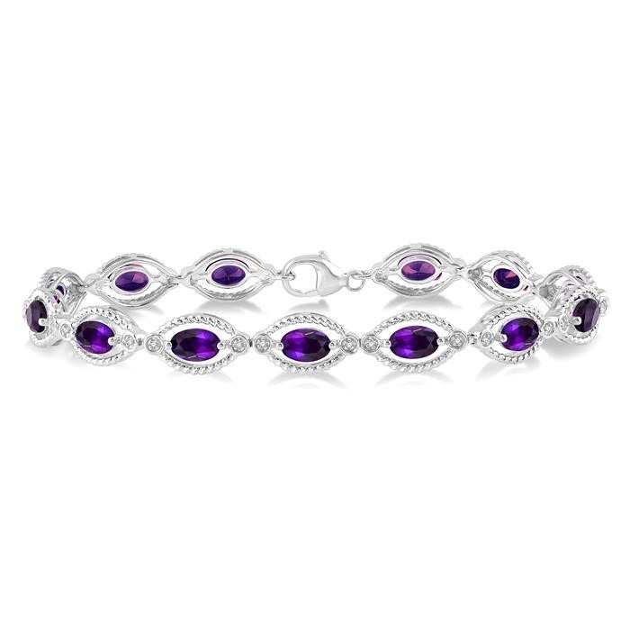 Silver Oval Shape Gemstone & Diamond Bracelet