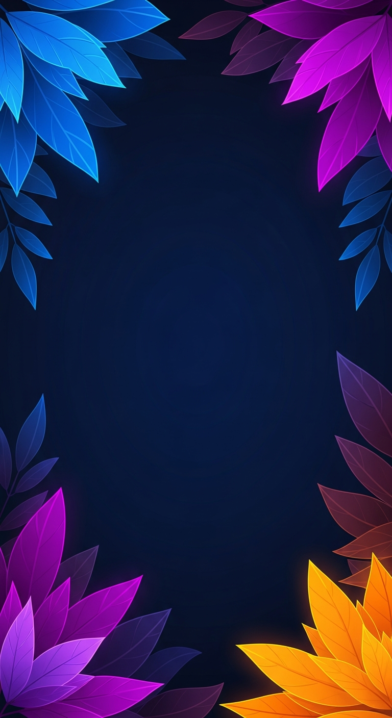 Dark Navy Abstract Background with Vibrant Neon Blue and Red Plant and Leaf Border - Free 4K mobile Wallpaper