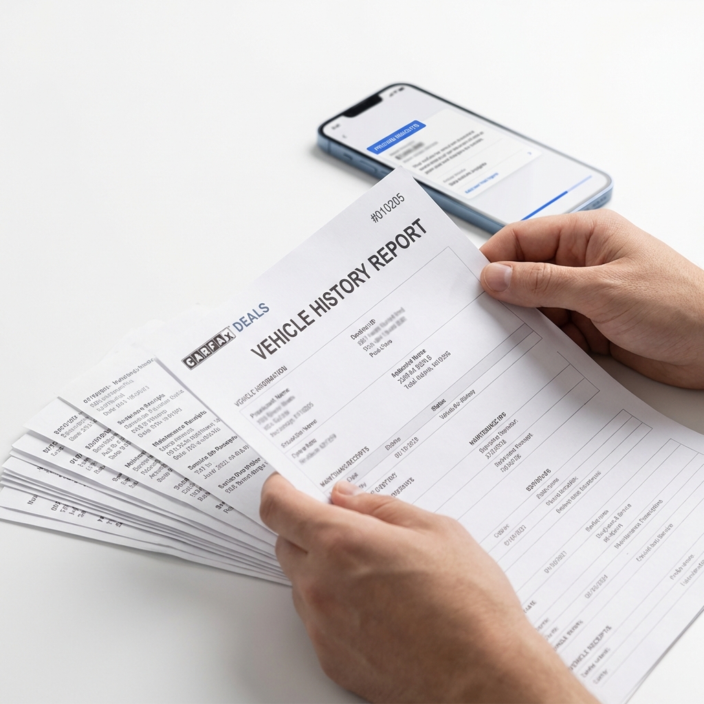 Close up of hands holding a vehicle history report and maintenance receipts with smartphone showing pricing insights in background for trade in value car in CarFax Deals white and blue brand style