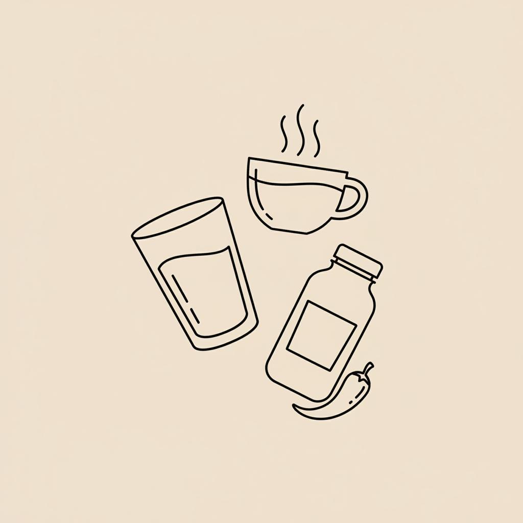 Minimal Tonum-style line illustration of a water glass, steaming tea cup, protein shake bottle, and a small chili pepper on beige background — drinks that boost your metabolism