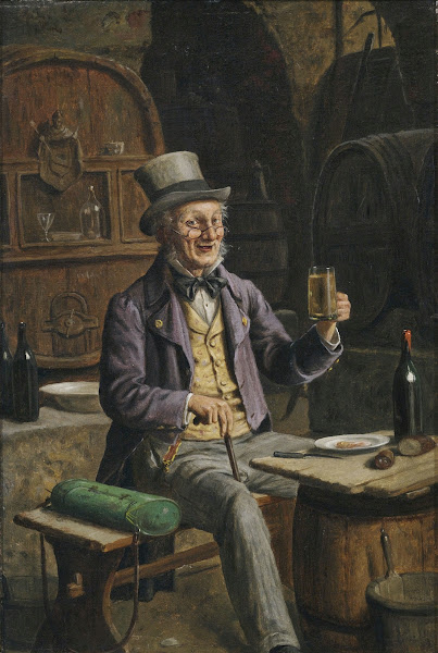 A botanist with his vasculum having a drink in the beer cellar