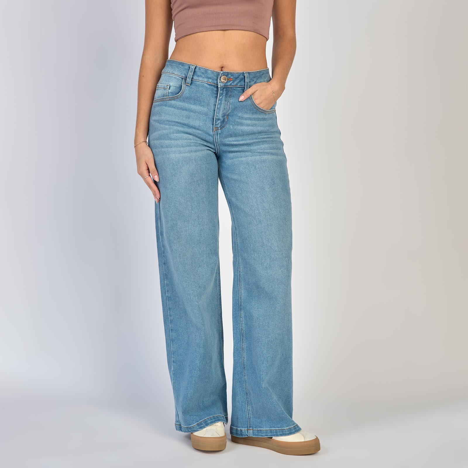 Jean dama wide leg tiro alto licrado, color Azul medio - Vista 3
