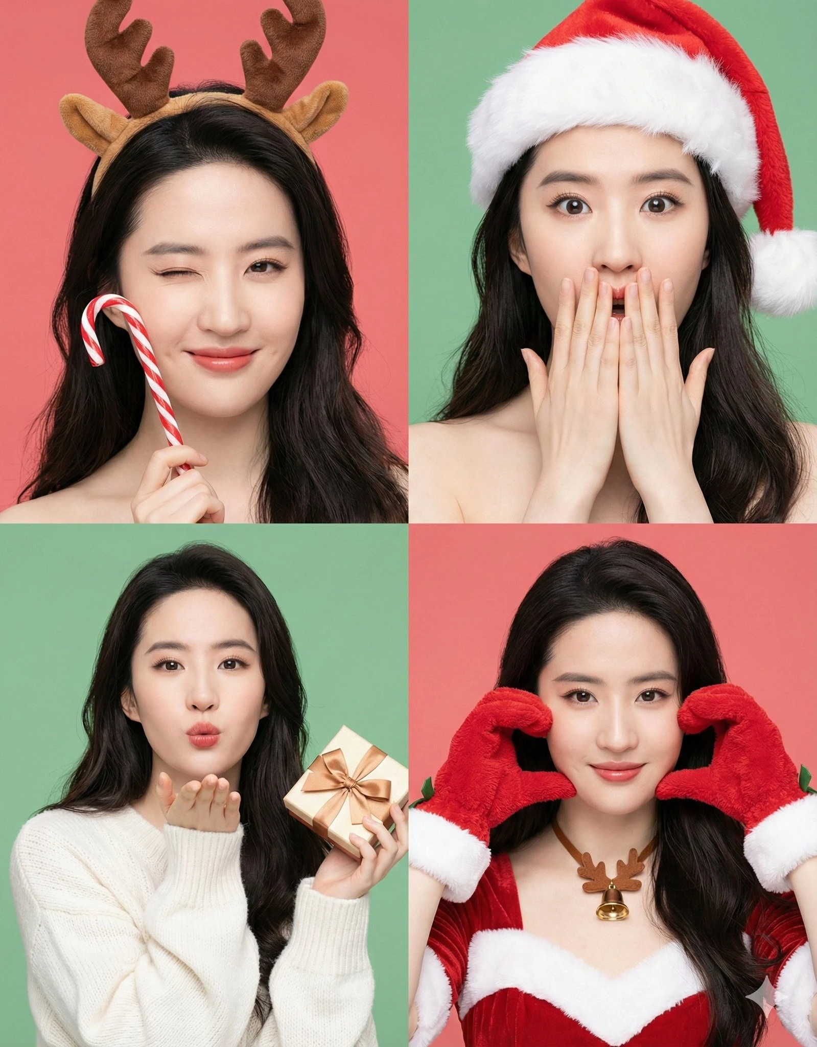 Collage de personajes navideños de 4 paneles en alta resolución