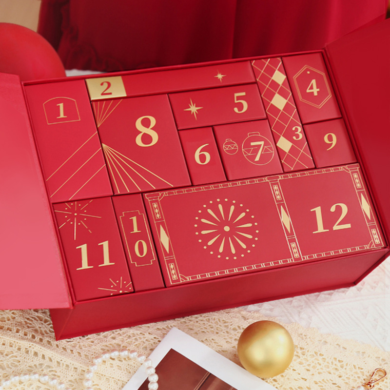 Adventskalender-Geschenkbox, 24 Fächer, mit Goldprägung
