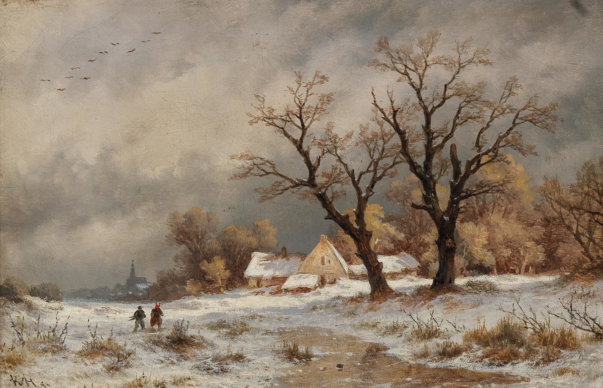 A Winter Landscape with Wood Collectors before a Small Village 1890