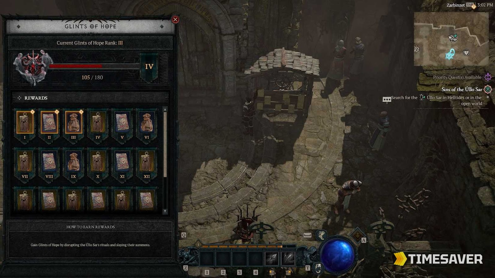 Diablo 4 Season 14 Glints of Hope reward-track panel in Zarbinzet — the 24-rank reputation board where closing Pandemonium Ruptures unlocks caches, Masterwork mats and Pandemonium Fragments