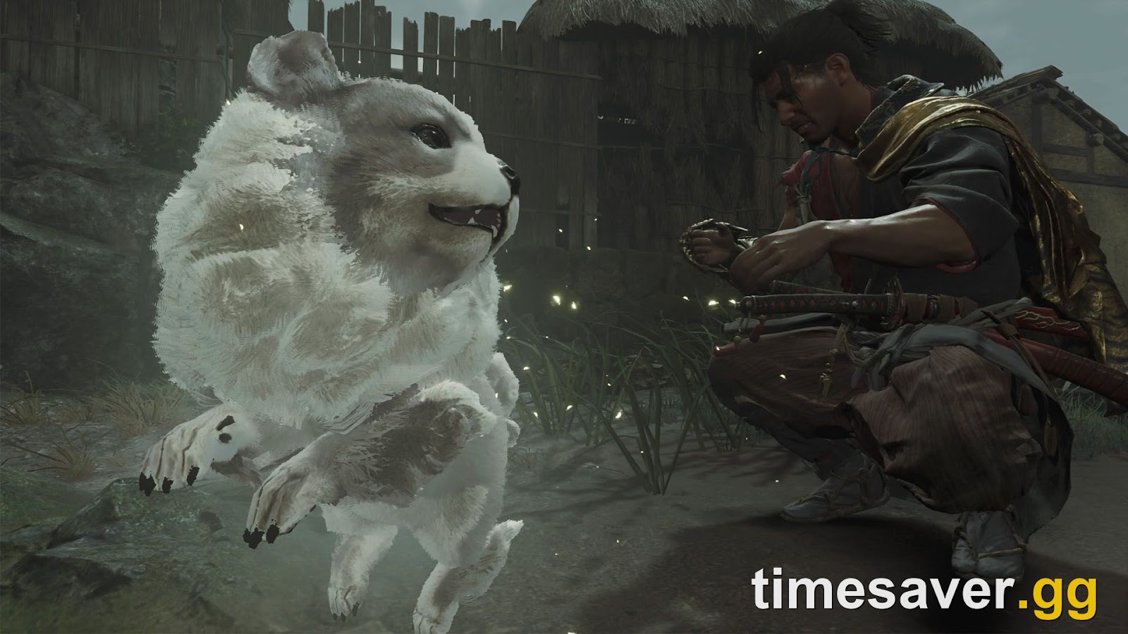 Musashi with his katana beside a rescued Lion Dog in the streets of Kyoto in Onimusha: Way of the Sword