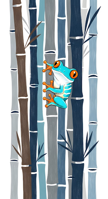 Red Eyed Tree Frog Climbing Stylized Blue Bamboo - Free mobile Wallpaper