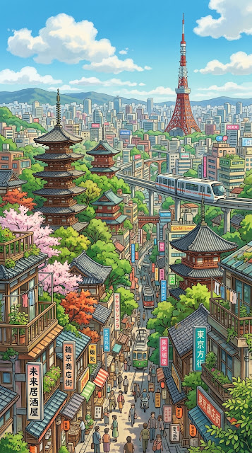 Futuristic Japanese Cityscape with Traditional Pagoda and Nature - Free mobile Wallpaper