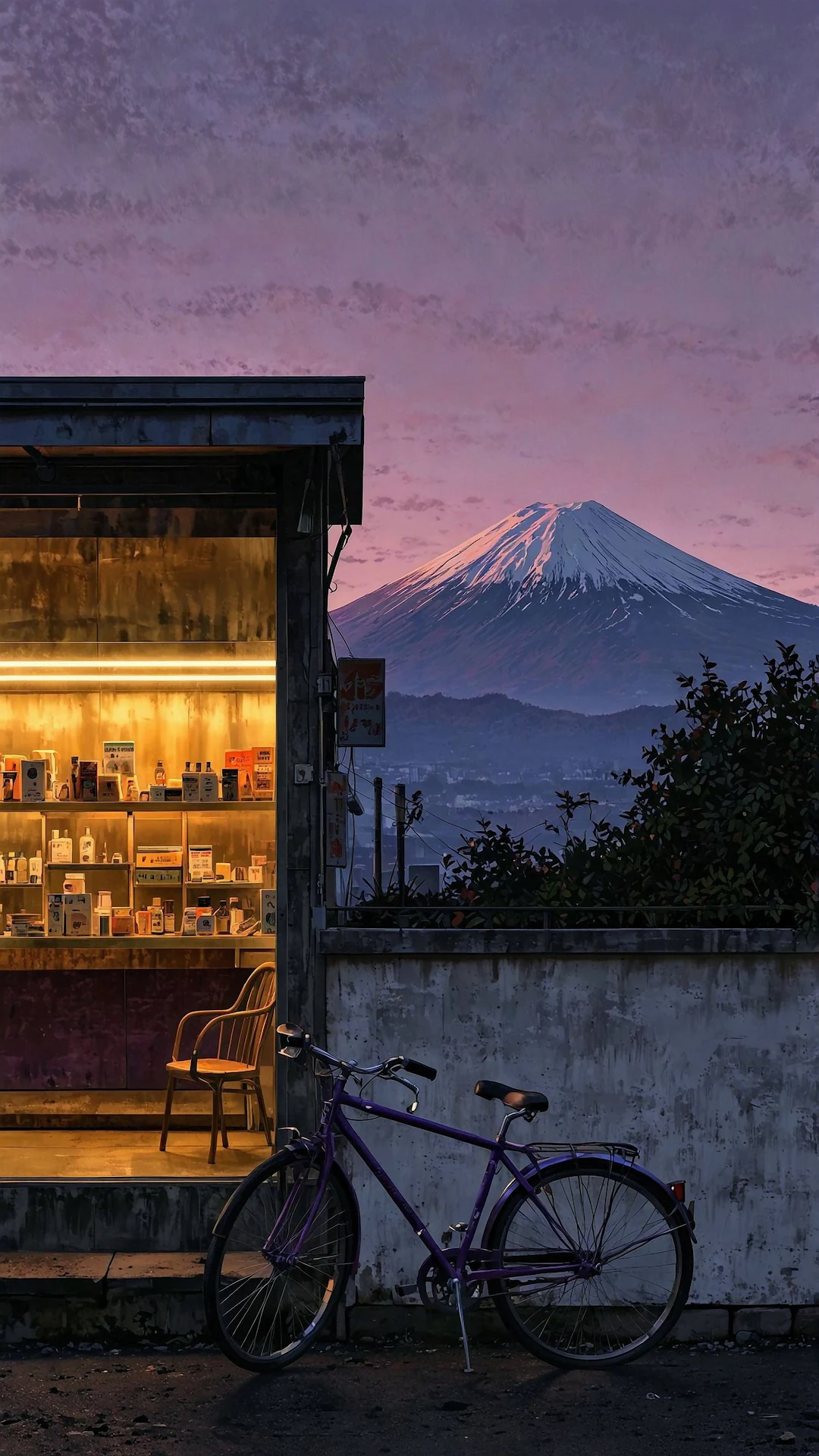 Mount Fuji View from Cozy Storefront Twilight Scene Art - Free 4K mobile Wallpaper