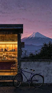 Mount Fuji View from Cozy Storefront Twilight Scene Art