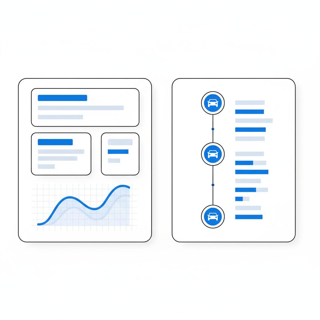 Minimalist 2D vector split screen showing an abstract car valuation interface and a vehicle history report preview in white and blue for vin lookup kbb