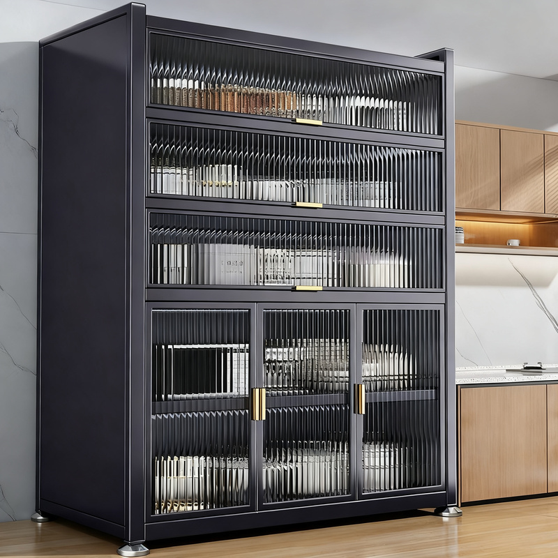 Kitchen standing shelf with glass doors, multi-tiered