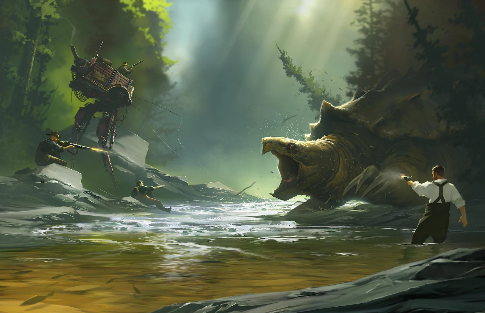 Iron Harvest Steampunk Forest Battle - Digital Illustration 4K Wallpaper (3840x2485)