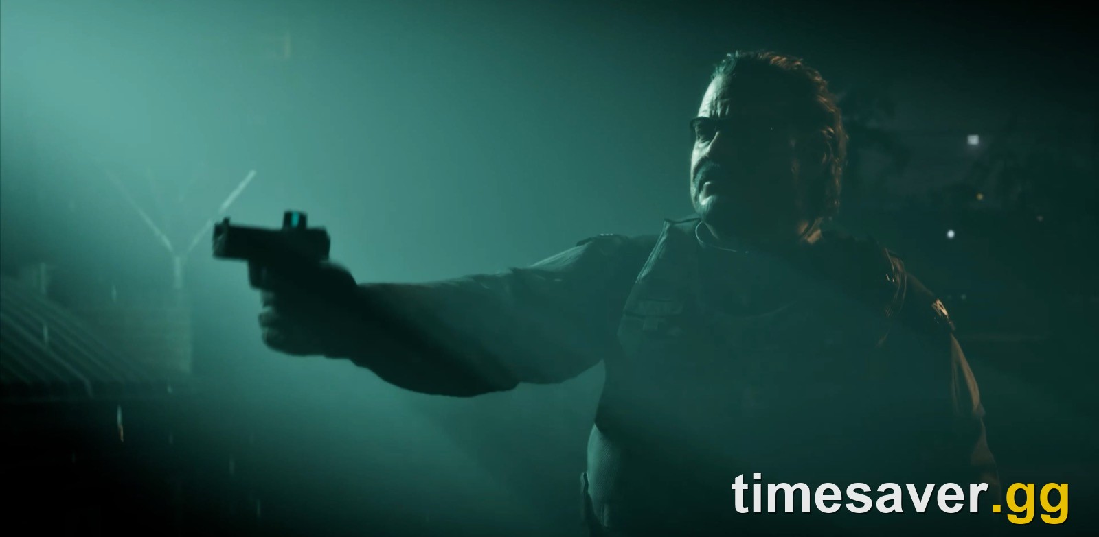 GTA 6 character Mendez, a Vice City Police Department officer, aiming a pistol in the Grand Theft Auto VI launch trailer