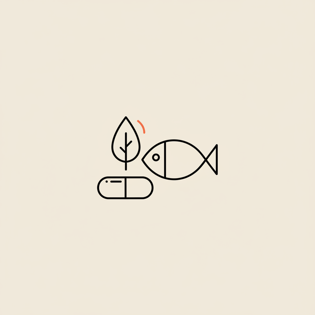 Minimal Tonum-style line illustration of a capsule, fish, and leaf on a beige background, representing what vitamin helps you focus