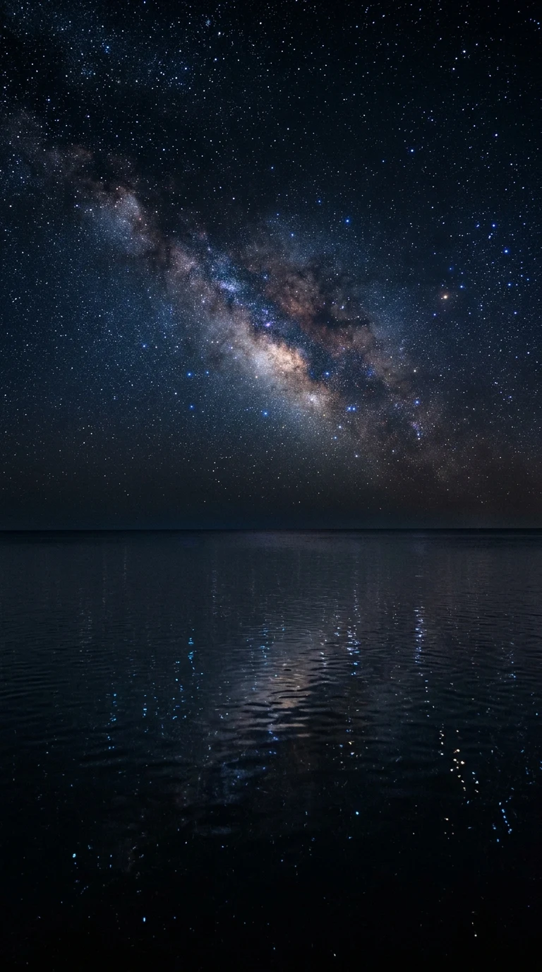 Minimalist Calm Ocean Under Dense Starry Night Sky - Free 8K and 4K mobile Wallpaper Background