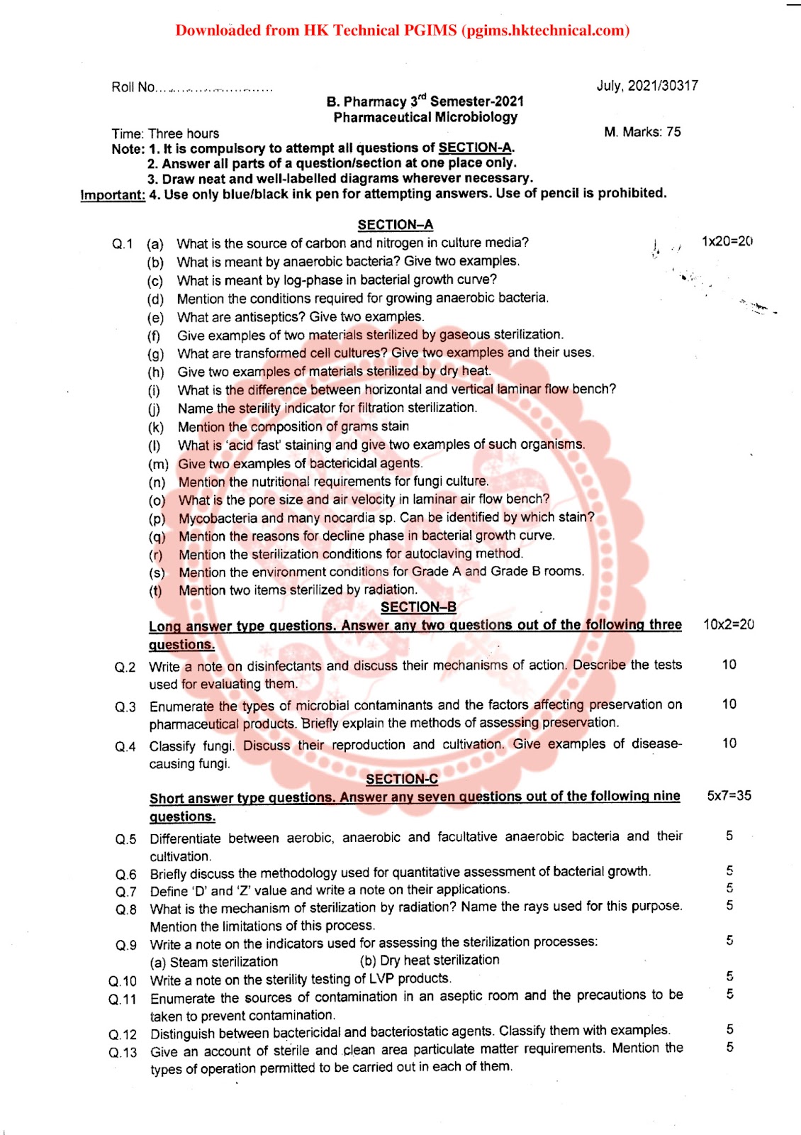 Pharmaceutical Microbiology (Re) Supple UHSR 3rd Semester B.Pharmacy Previous Year's Question Paper,BP303T Pharmaceutical Microbiology,BPharmacy,Previous Year's Question Papers,BPharm 3rd Semester,PGIMS Question Paper,Pharmaceutical Microbiology,SDPGIPS UHS Rohtak,University of Health Sciences Rohtak (UHSR),