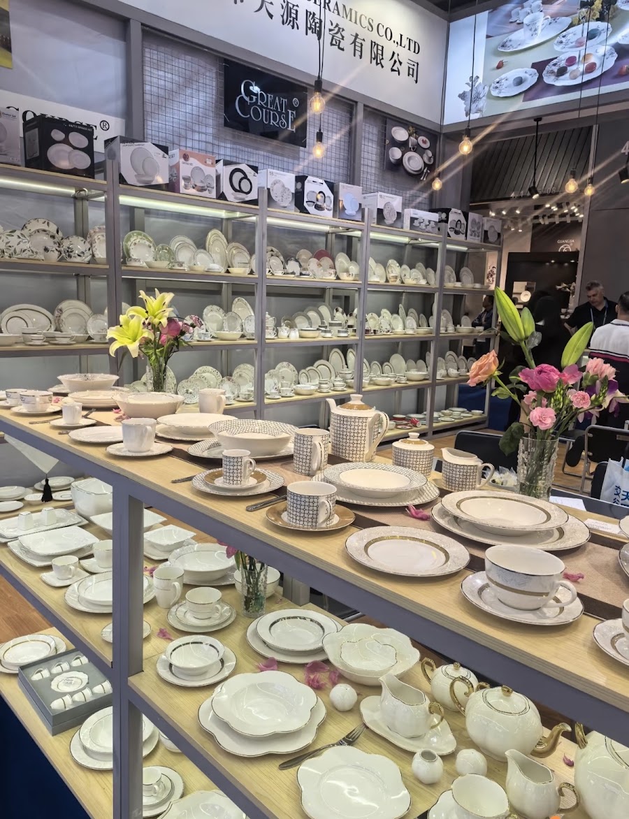 Dining table and chairs showroom display at Canton Fair