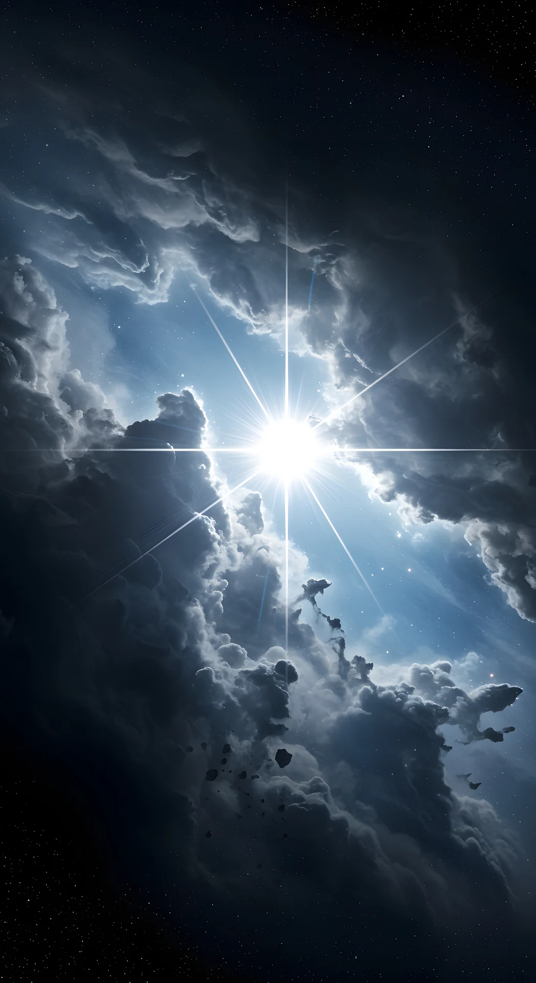Bright Star Light Piercing Through Dark Cosmic Storm Clouds - Free 4K mobile Wallpaper