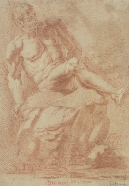 Männlicher Akt auf einem Felsen nach rechts gewandt 1709