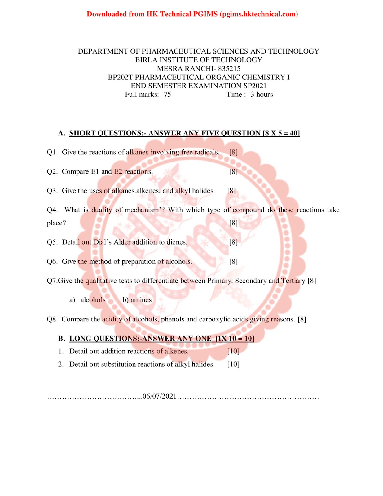 BP202T PHARMACEUTICAL ORGANIC CHEMISTRY SP2021 SBU Ranchi 2nd Semester B.Pharmacy Previous Year's Question Paper,BP202T Pharmaceutical Organic Chemistry I,BPharmacy,Previous Year's Question Papers,BPharm 2nd Semester,