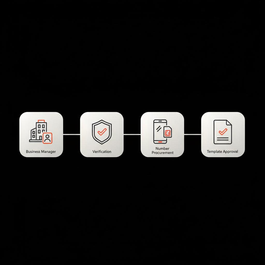 Minimal 2D vector infographic showing four step icons (Business Manager, verification, number procurement, template approval) illustrating a workflow for a virtual number for WhatsApp Business.
