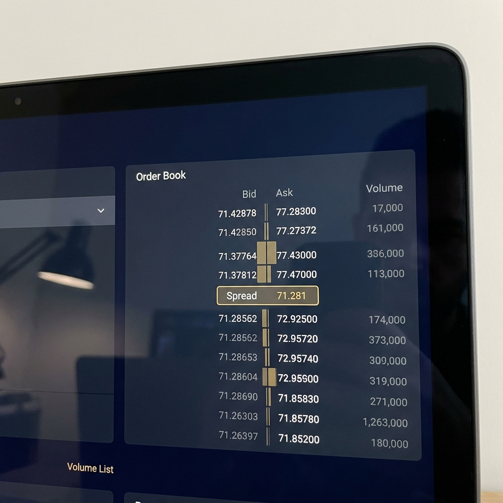 Close up of a dark minimalist digital order book display showing widening bid ask spread and shallow depth bars on a Funded Plays style interface Why Live Markets Move So Quickly