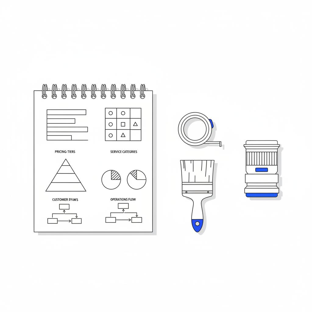Minimal vector workspace with tape measure, paintbrush, camera lens beside an open planner page of ink-style sketches showing pricing tiers and service categories &mdash; advertise my services on Thumbtack