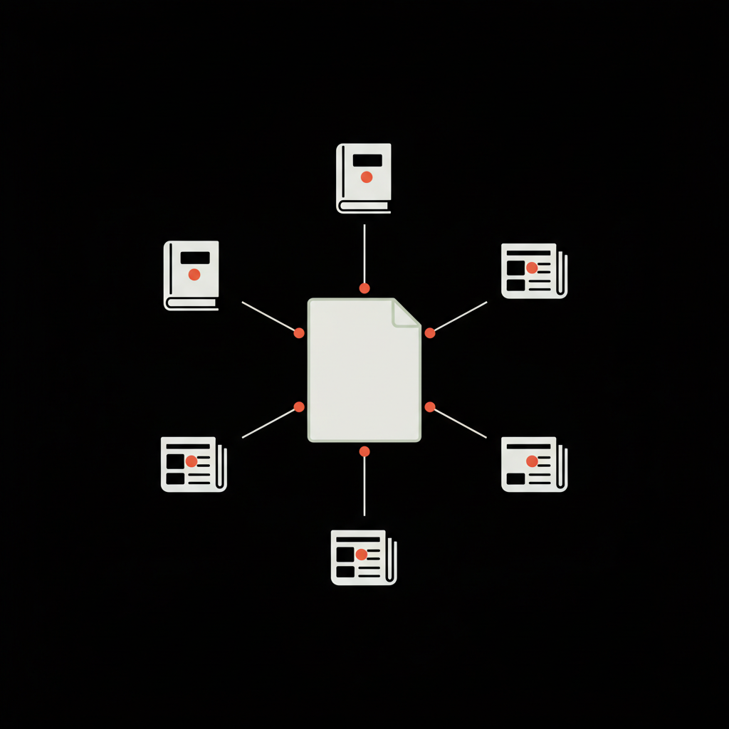 Minimal 2D vector infographic of a central article icon linked to newspaper and book citation icons on a black background, representing how to get listed on Wikipedia.
