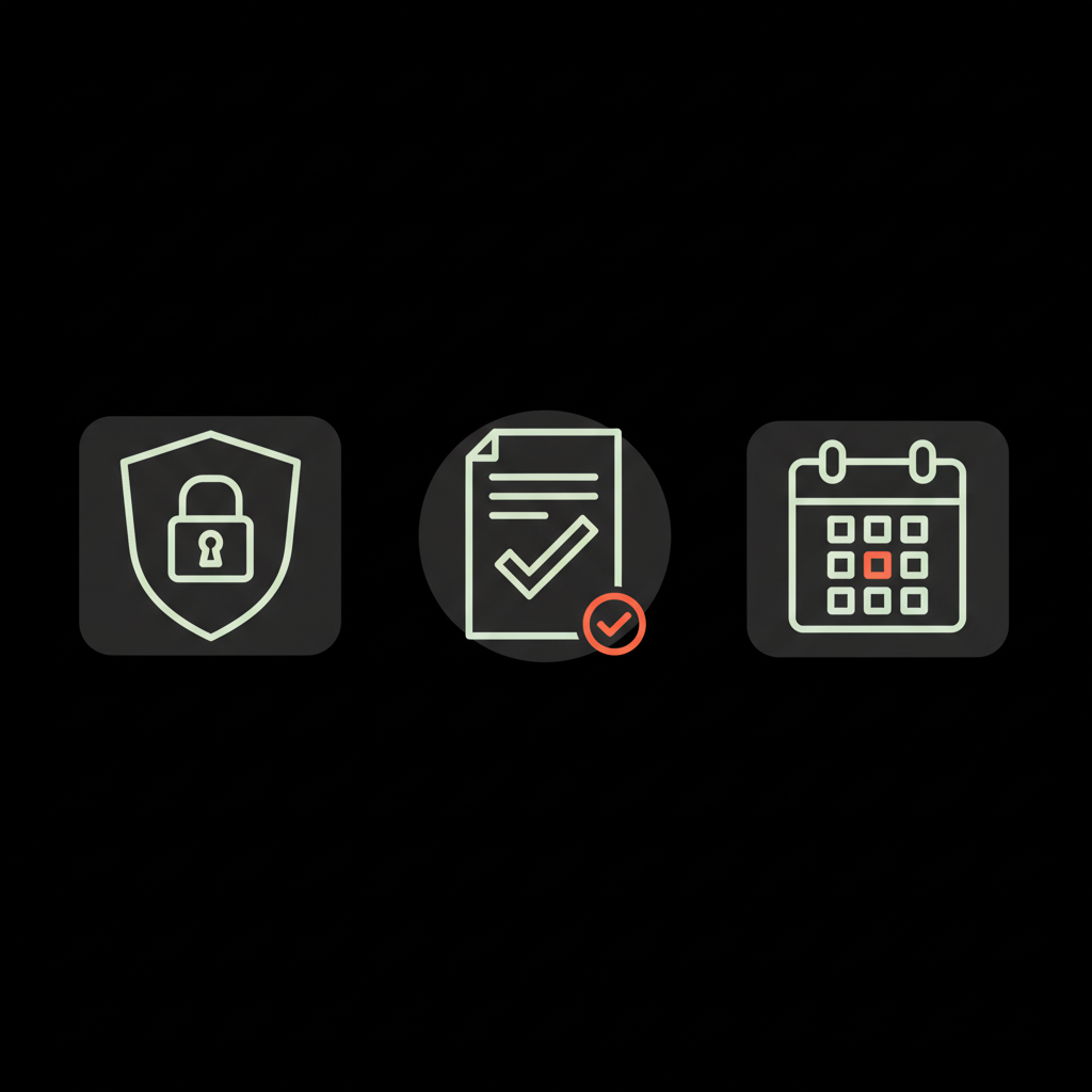 Flat 2D vector infographic of a shield, document with checkmark, and calendar on black background emphasizing secure preparation and timing for buy a blue check on Instagram