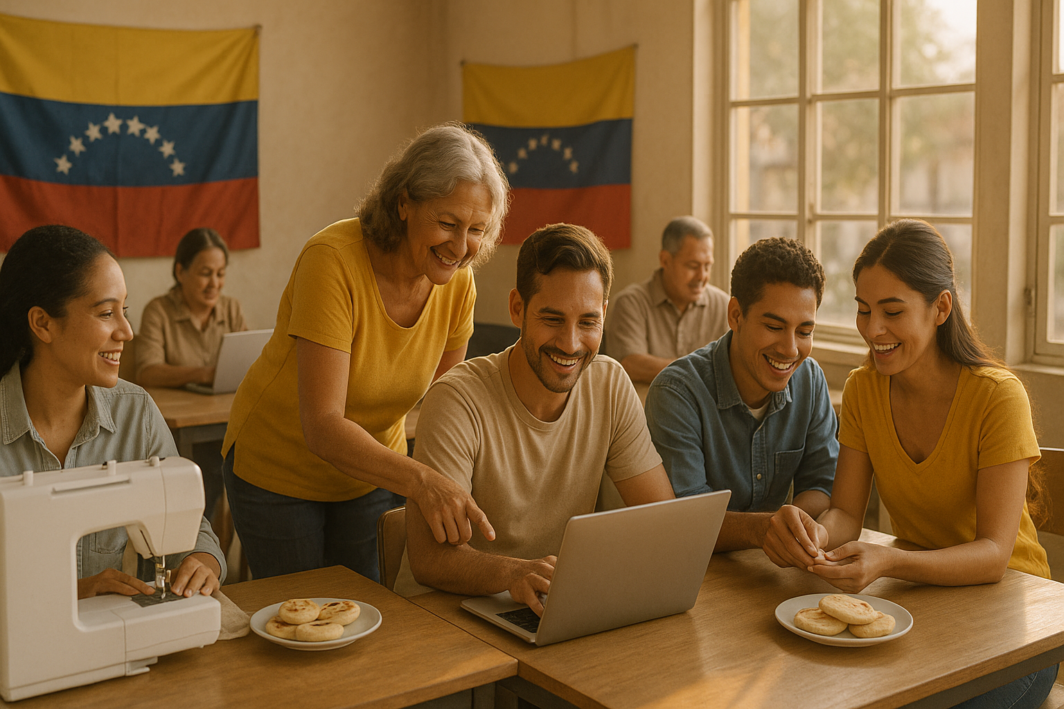 Personas venezolanas compartiendo oficios en un centro comunitario